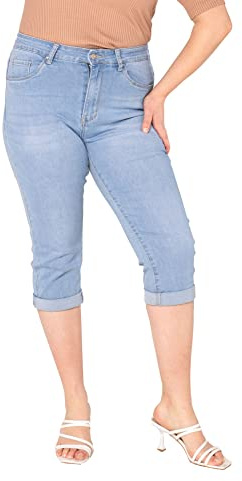 Nina Carter P200 dam caprijeans, stora storlekar, hög midja, jeans, sommarbyxor, använd look, Ljusblå (P200-6), 44 plus size