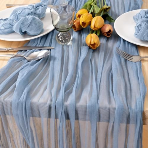 MLMC Dusty Blue Tischläufer, extra lang, 4,1 m, Boho-Gaze, Seihtuch, Valentinstag, Tischläufer, Dekoration, 88,9 x 406,4 cm, für Hochzeit, Zuhause, Party, Brautparty, Babyparty