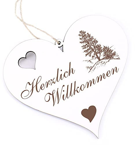 Herzlich Willkommen Schild - Zirbelkiefer - Deko Herz Holz Willkommensschild Türschild Dekoschild Türdeko
