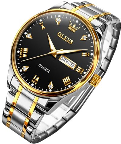 OLEVS Herrenuhren Gold Schwarz Edelstahl Quarz Uhr Männer mit Diamant Gesicht Tag Datum Wasserdicht Klassische Elegante Armbanduhr Geschenk