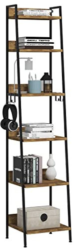 WOLTU Bücherregal Standregal mit 6 Ebenen, Küchenregal mit 4 Haken, im Industriestil, Lagerregal im Wohnzimmer Küche, Regal aus MDF Metall, schmales Leiterregal schwarz RGB30hov