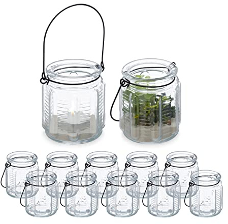 Relaxdays Windlicht, 12er Set, Glas, mit Henkel, innen & außen, Teelichthalter, H x D: 9 x 8,5 cm, transparent/schwarz