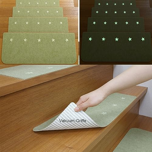 FuKuEn Innen Leuchtend Stufenmatten Zuschneidbar Rutschmatte Treppenstufen Waschbar Vacuum Tech Selbstklebend Teppich Stufenmatten für Holzstufen Grün 4 Stück 55 x 21 cm