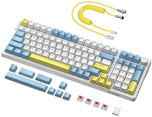 AJAZZ AK992 Gaming Inalámbrico Hot-Swap RGB Teclado - Azul/Switch Rojo | Montaje Gasket,2.4G/BT5.0/Cableado,Cable USB C Enrollado Personalizado,99 PBT Teclas,Perilla de Volumen,para PC/Mac/Win/PS4
