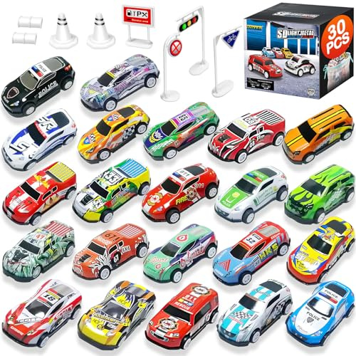 TOYABI Toy Cars for Kids, 22Pcs Metal Race Car Set with 8 Roadblock, Mini Pull Back Playset, Christmas Birthday Party Gifts, Micro Machines Vehicles Toys for 3 4 5 6 7 8 Year Old Boys & Girls
