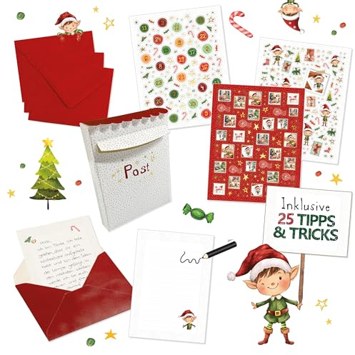 Wichtel Zubehör für Wichtelbriefe | QR-Code für Wichtel Ideen | 1x Wichtelblock mit Wichtel Briefpapier, 25 rote mini Umschläge, 3x Stickerbogen (Zahlen 1-24), Briefmarken & Motive | Wichtelpost