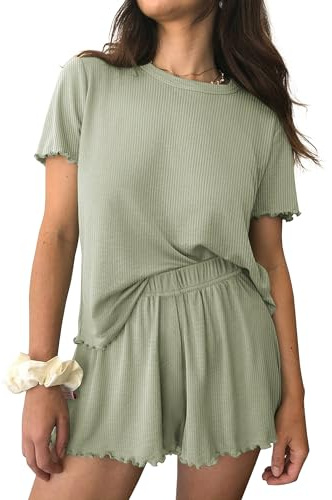 Ekouaer Womens Pajamas 2 Piece Ribbed Knit Pjs Short Sleeve Sleepwear Set Summer Soft Pajamas Set Casual Lounge Sets Light Green XL