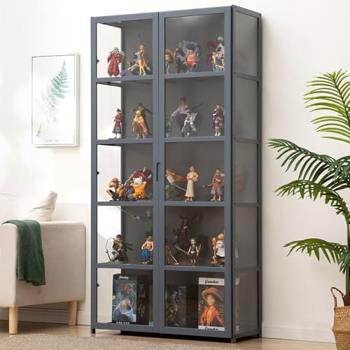 JFOZDM Vitrinenschrank, multifunktionale staubdichte Glasvitrine, Glasvitrine Stehend, Flügeltürdesign, versiegelt und staubdicht, Vitrine für Büros, Schlafzimmer, Wohnzimmer 24.5in/62cm/5F Grau