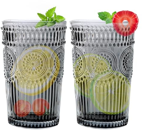 Loivttvv Set di 6 bicchieri highball in stile vintage, da 368,5 g, grigi, in rilievo, per cocktail, acqua, succo, caffè, whisky