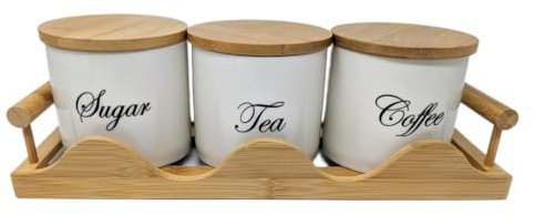JRose Collections Tea Coffee Sugar Canister Set with Bamboo Tray – 3 Ceramic Storage Jars with Bamboo Lids – Kitchen Counter Organiser for Tea, Coffee, Sugar – White & Natural JR5004