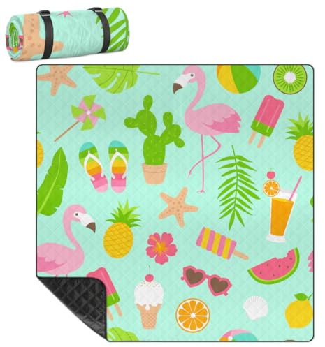 Mularoka Picknickdecke mit Sommer-Flamingo-Muster, wasserdicht, sanddicht, faltbar, Stranddecke, 200,7 x 200,7 cm, extra groß, tragbar, waschbar, Outdoor-Matte für Camping, Park, Gras, Wandern, Reisen