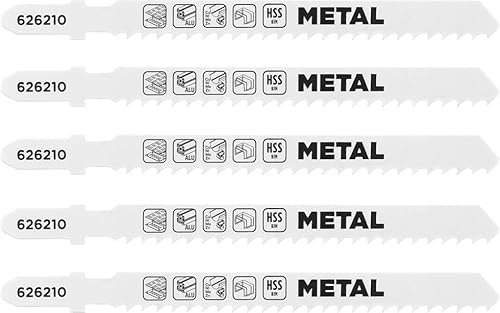 kwb 5x lame per seghetto alternativo per metallo, grossolane (adatte per alluminio, lamiera, metalli non ferrosi, vetro acrilico, bimetallo, denti ondulati e fresati, supporto a T)