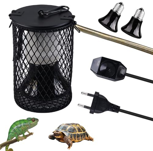 WIYETY Lampade termiche rettili con cestello protettivo: 2 pezzi 75 W + 100 W E27 lampada di calore in ceramica rettili con interruttore dimmer per tartaruga, serpente, lucertola, galline, uccelli,