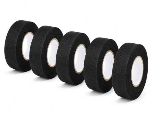 On1shelf Lot de 5 rubans adhésifs en tissu pour faisceau de câbles - Noir - 25 mm x 15 m - Résistant à la chaleur - Idéal pour l'isolation des câbles électriques de voiture et de moto