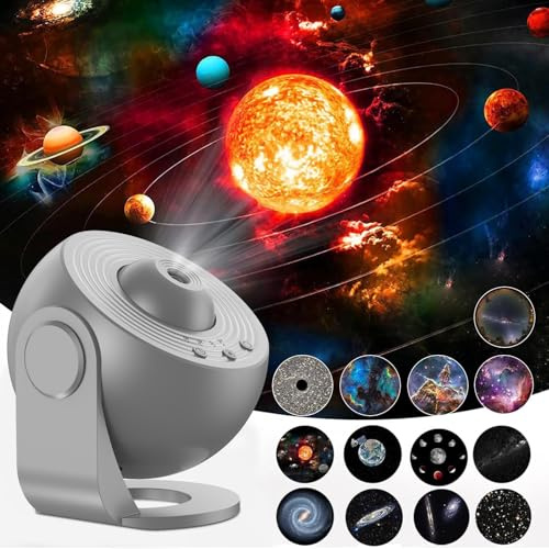 ALLOMN Planetarium Sternenprojektor, LED Globus Galaxie Projektor mit 13 Filmscheiben, Sternenhimmel Nachtlicht für Kinder Erwachsene Decke Schlafzimmer Wohnzimmer (Silber)