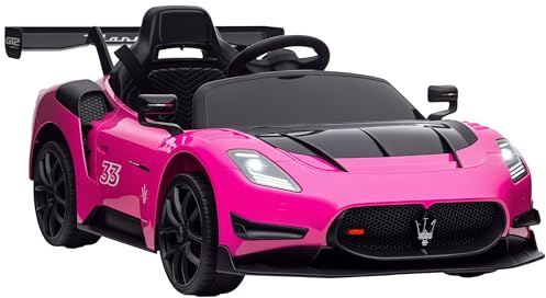 AIYAPLAY Coche Eléctrico para Niños de +3 Años Maserati GT2 Coche Eléctrico con Batería 12V con Mando a Distancia Faros LED Bocina Música y Ruedas Auxiliares 115x60x45 cm Rosa