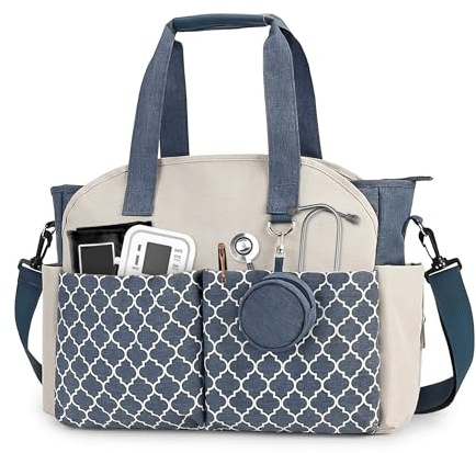 Korolev Borsa da infermiera per lavoro, borsa tote per infermiere, borsa per infermiera con tasche multiple per infermiere e donne che lavorano, blu e bianco