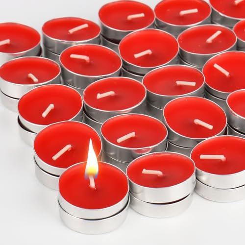 Trendecor Velas de té perfumadas, 50 unidades, color rojo, en funda de aluminio, redondas, románticas, rojas, para decorar, propuesta, boda, compromiso, decoración de mesa, celebración, relajación,