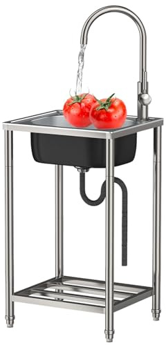 Freistehende Outdoor Edelstahl Spülbecken Ausgussbecken Mobiles Spültisch | mit Wasserhahn Camping Waschbecken 1 Becken Gewerbliche Spültisch,für Gartengarage -Reinigung