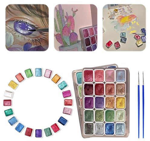 nnOuOnn Metallic Watercolour Paints Set(2pcs), 40 Color Mini Travel Glitter Gouache Water Colour Painting, Colouring Brushes Cards Art Forestey Pearlescent Solid Kids Adults Beginners Artists