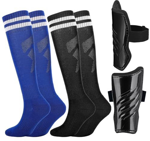 Aquzhou 2 Pairs Kids Football Socks with Kids Shin Pads, Boys Football Socks Cushioned Knee High Breathable Girls Boys Soccer Sock for Junior (5-10 years)