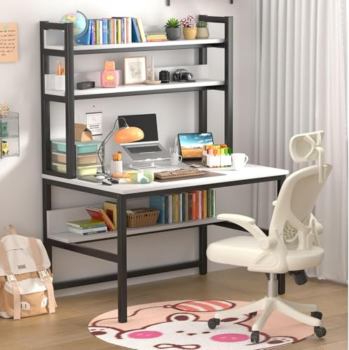 Aquzee Schreibtisch mit Regal, 120 cm Schreibtisch Holz, Computertisch mit Aufsatz Viel Stauraum, 3 Regale Industrial Vintage Platzsparender PC-Tisch, Groß Arbeitstisch Homeoffice Bürotisch, Weiß