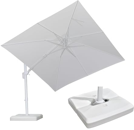 PURPLE LEAF Parasol Déporté 2,7 x 3,6 m avec Socle, Parasol de Jardin Extérieur Toile Anti-UV 240 g/m² avec Inclinaison des Deux Côtés, 5 Réglages en Hauteur et Rotation à 360°, Blanc