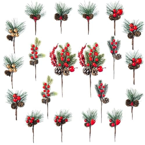 Plettri assortiti di pino natalizio, 20 pezzi, pigne finte con bacche rosse e agrifoglio, aghi di pino innevato per decorazioni per alberi e tavoli