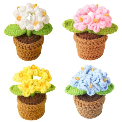 Magicherry 4 Pieces Crochet Flowers Potted Plants Hand Knitted Forget Me Not Artificial Woolen Yarn Flowers for Car Dashboard Home Office Table Shelf Decor,Color#E