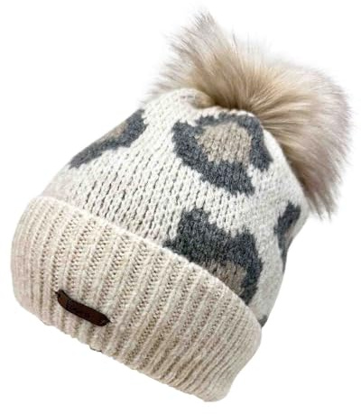 Faera Leopard Strickmütze Wintermütze Bommelmütze Fleece gefütterte weiche warme Mütze Kunstfell Leo (DE/NL/SE/PL, Alphanumerisch, Einheitsgröße, Beige Grau)