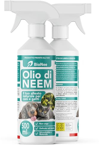 Olio di Neem per Cani e Gatti Spray 500 ml – Idrosolubile, Naturale, Non Unge – Azione Delicata, Effetto Barriera Sgradito a Zecche Pulci Zanzare Insetti
