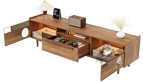 Mueble de TV moderno con sala de descanso para gatos, con puertas de cristal reforzadas de acero, palancas de apoyo y cajón, aparador de madera, color nogal, 180 × 40 × 50 cm (nogal)