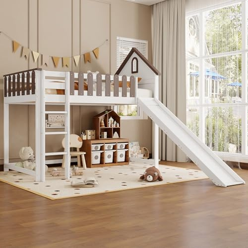 NuvlaGu Cama alta con techo y ventana, cama infantil con tobogán, 90 x 200 cm, con escalera de 3 peldaños, pino + MDF, blanco + nogal, cama juvenil para habitación infantil, ahorra espacio y es segura