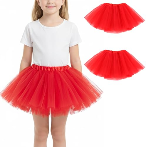 EDLMKM 2Pcs Girl Tutu Skirt, Red Tutu, 3 Layered, Fluffy Ballet Dress Up, for Christmas Halloween New Year Birthday Theme Party Holiday Wedding Daily Wear, for 3-8 Years