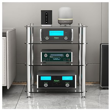 Stereo Rack AV Media Stand with Tempered Glass Shelves, Audio Rack Tower for CD Record Player and Stereo Receiver, AV Equipment Cabinet Display Stand