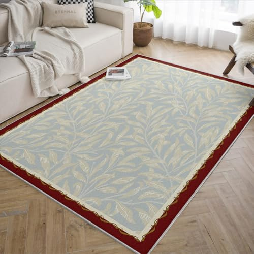 SHUODAOCO Tappeto lavabile 120x150 Tappeti azzurro chiaro per area foglia per soggiorno Tappeti in avorio con stampa botanica a salice per camera da letto tappetinoo antiscivolo con retro in gomma
