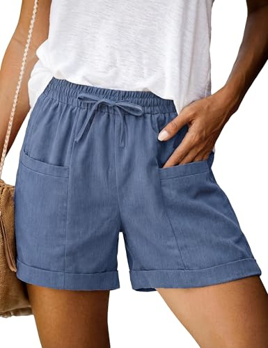 Demegimi Women's High Waisted Casual Shorts Summer Shorts with Pockets, Comfortable Elasticated Drawstring Waist Pants for Running, Gym, Lounge and Beach, Sizes S-XXL