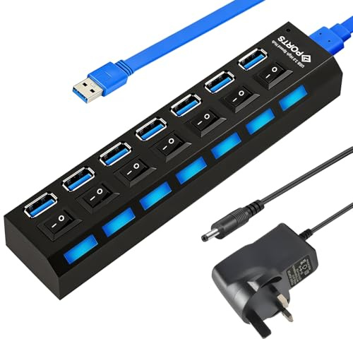 Powered USB Hub 3.0, 7 Port USB Splitter Data Hub with Individual On/Off Switches and LED Lights, 5V/2A Power Adapter, High Speed USB Extender for Laptop, PC, Desktop, Flash Drive, HDD, Mobile HDD