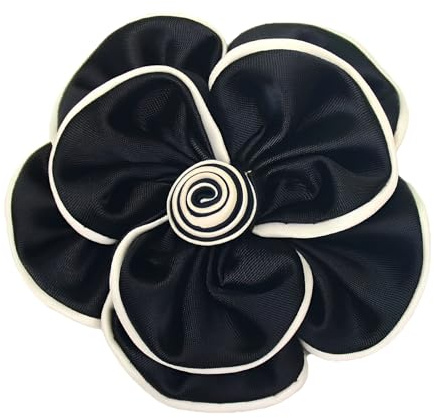 Bonito broche de flores de camelia para mujer, tela de satén, joyería floral negra y blanca, pin de solapa de 7,5 cm, accesorios de vestir, Grande, Metal Tela metal, Sin piedra preciosa