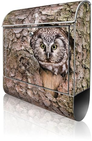 banjado Design Briefkasten 38,5x46,5x13cm & 2 Schlüssel - Briefkasten Stahl Silber mit Zeitungsfach pulverbeschichtet - Postkasten A4 Einwurf inkl. Montagematerial - Motiv Eule