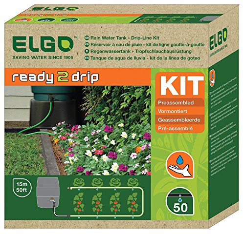 ELGO Regentonnensystem RWK50: Drip Bewässerungskit für Regenwassernutzung, 15 Meter Schlauch, 50 Tropfstäbe, Wasserbetrieben, Vorinstalliert, Plastic Material