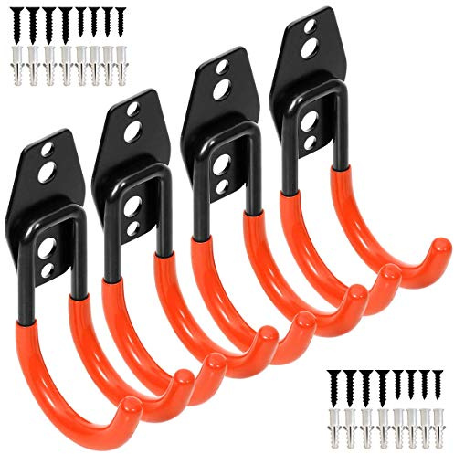 Yisunnan Wall Mount Double Hook,Heavy Duty Steel Garage Storage Utility Hooks with Anti-Slip Coating,Load Capacity 66 LB (4Pack Orange 2.8 Round J Hook)