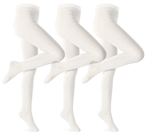 Petrass Girls Bas Chaussettes en tricot de coton doux et chaud Collants de jambe de couleur unie Chaussettes confortables pour filles, 3 pièces, Blanc cassé 3 pièces, 5-6 ans