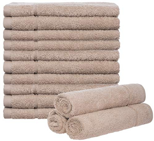 Brandsseller Set med 10 gästhanddukar 30 x 50 cm gästhanddukar frottéhandduk med hängare bomull 450 g/m² badrum hushåll – sand