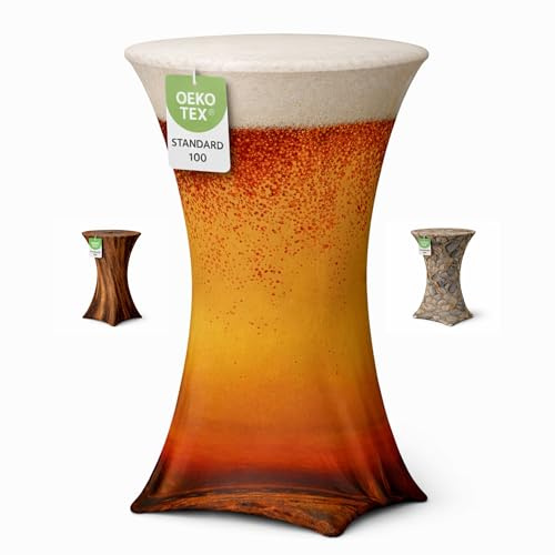 Stehtischhusse für Bistrotisch Motiv mit 4 verstärkten Fußlaschen elastisch Stretch OEKO-TEX zertifiziert Ø 60-65x110-120 cm Bierglas