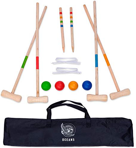 Ocean 5 Krocket Set – Outdoor Croquet Gartenspiel, das Geschicklichkeitsspiel aus Holz, für Kinder und Erwachsene, für 2-4 Spieler
