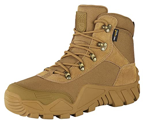 FREE SOLDIER Chaussures de Randonnée Hommes Bottes Militaires de Haut-Niveau Bottes Tactiques de Combat Mid High Chaussures à Lacets Tout Terrain Souliers(Brun,42EU)