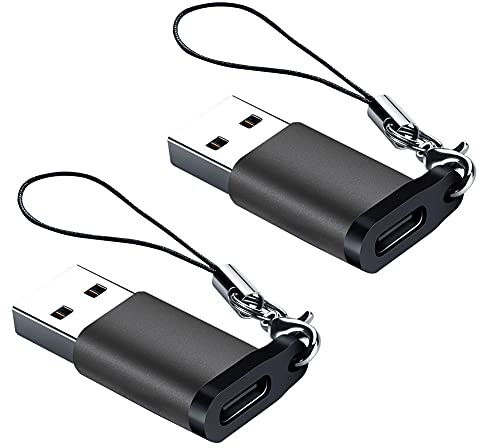 Seminer Adaptador USB C Hembra a USB A Macho (Paquete de 2) con Cordón, Adaptador USB Tipo C a USB A 3.0 Compatible con MacBook Pro 2020, Samsung, Computadora portátil, PC, Negro