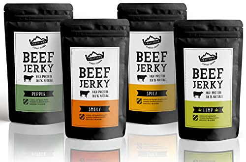 Craftsman Beef Jerky Set Probierpack 4 x 100 g Trockenfleisch ohne Zucker | 4 Sorten - zuckerfrei - 100 % natürlich - Weiderindfleisch aus Bayern - ohne Allergene - keto & paleo konform