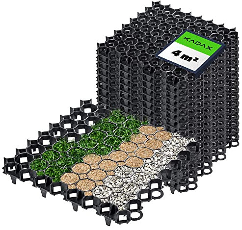 KADAX Dalles Stabilisatrices en Plastique 50 cm, Stabilisateurs de Gravier, Dalles à Engazonner pour Jardins, Grilles de Gazon (Noir, Lot de 16)